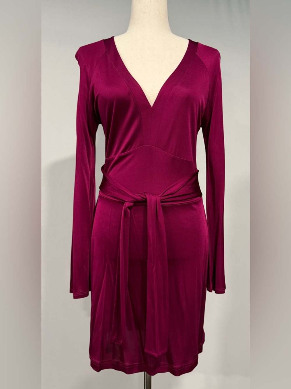 Moda International Long Sleeve V-Neck Tie Waist Magenta Dress
